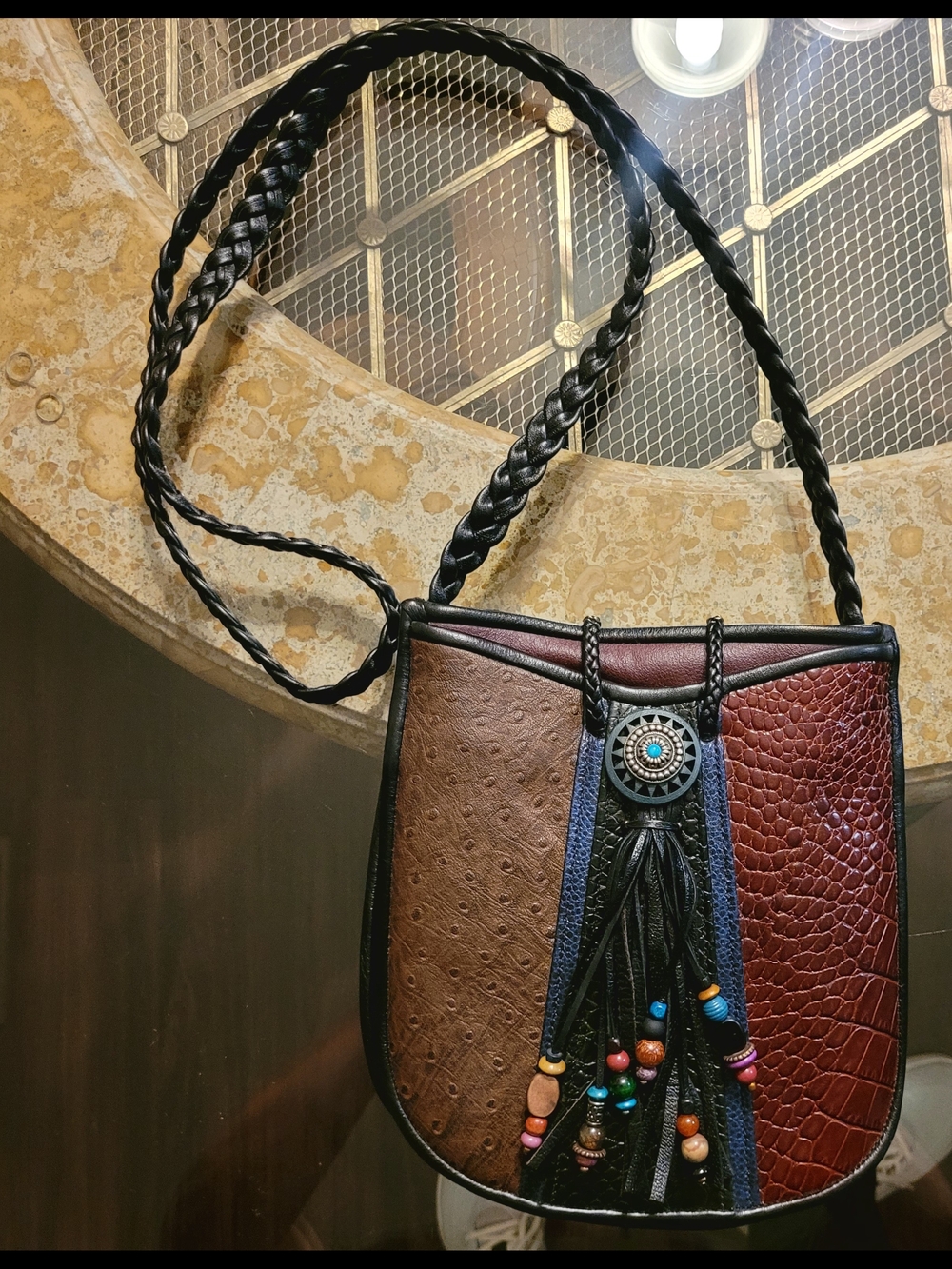 Boho Textured Multi-Panel Leather Crossbody Bag with Beaded Tassel